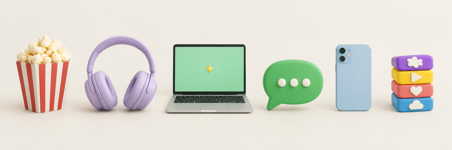 Popcorn, headphones, a laptop, chat and mobile apps